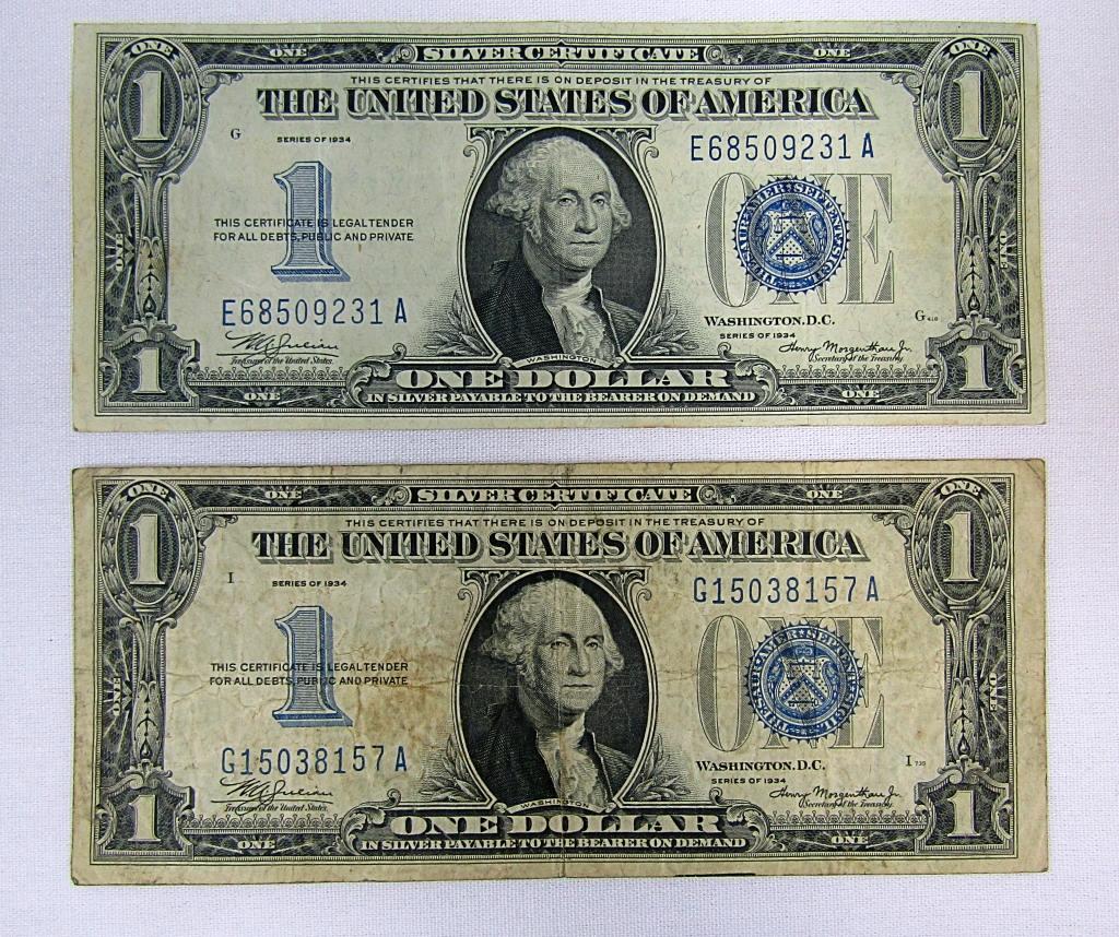 (2) 1934 $1 "FUNNY BACK" SILVER CERTS (1 of 2)