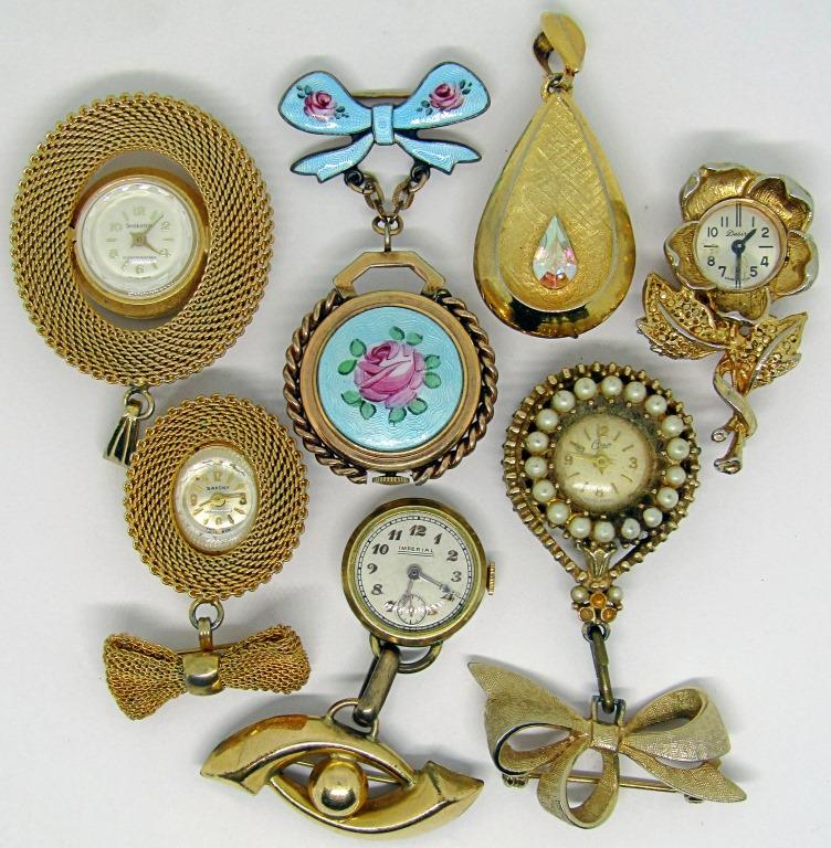 7 VINTAGE BROOCH/PIN WATCHES!!: MARKED SHERATON, DESIRE, IMPERIAL, CLINTON, CORO, & SAXONY! UNTESTED LOT!