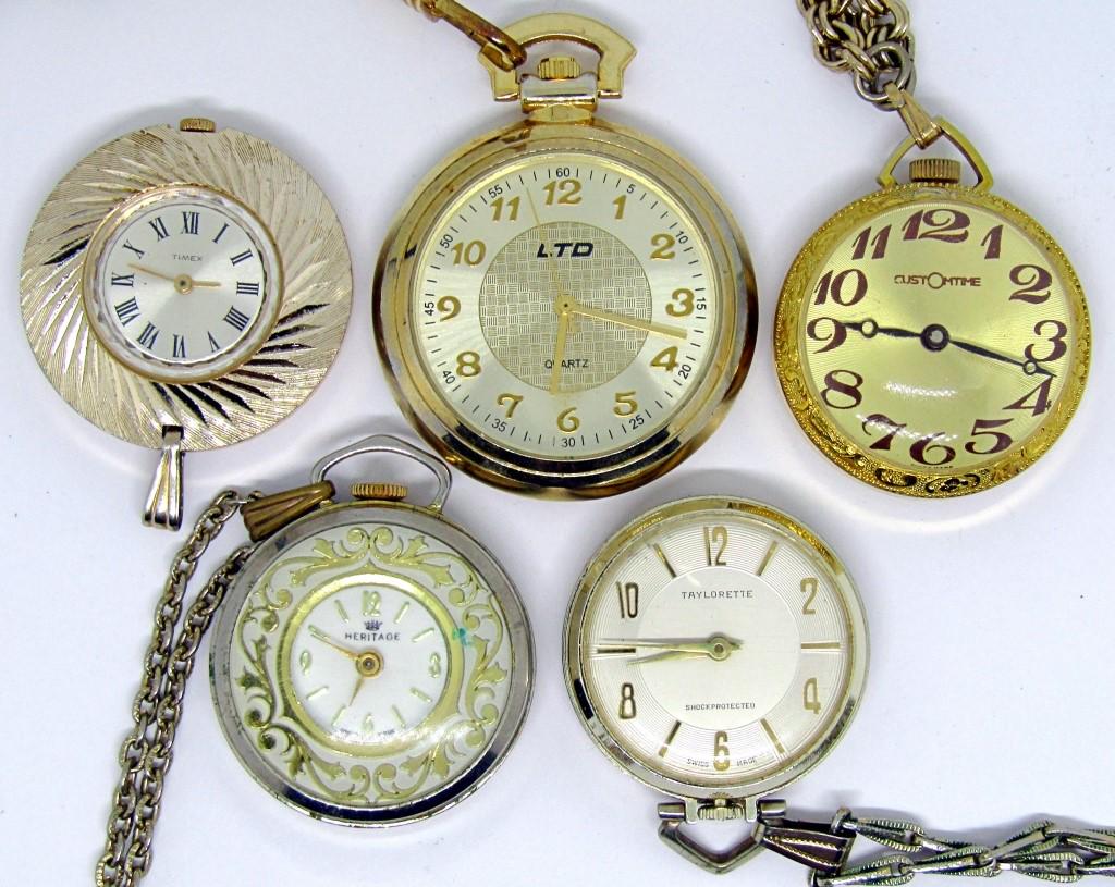 5 VINTAGE POCKET WATCHES/PENDANTS!: MARKED TAYLORETTE, HERITAGE, LTD, TIMEX, CUSTOMTIME! UNTESTED.