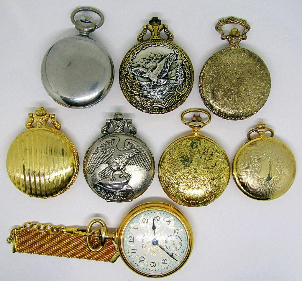 8 VINTAGE POCKET WATCHES!: UNTESTED! MARKED TIMEX, GENEVA, MILAN, MAJESTIME, LINDENWOLD, MAJESTRON, WESTCLOX!