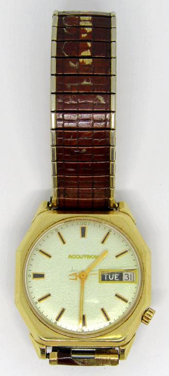 BULOVA ACCUTRON 218 DAY/DATE WATCH: GOLD FILLED CASE DATED M9, FRESH BATTERY - RUNNING