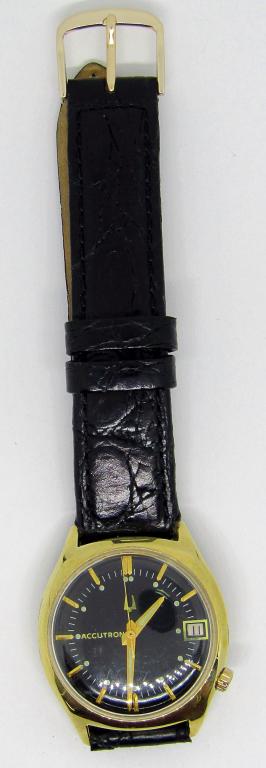 BULOVA ACCUTRON 218 BLACK DIAL WATCH: GOLD FILLED CASE DATED M7, FRESH BATTERY - RUNNING