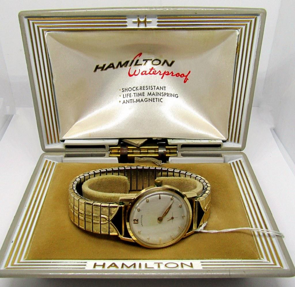 GENTS HAMILTON MANUAL WIND WATCH: GOLD FILED / STAINLESS, CORP. PRESENTATION ENGRAVED 1959 with ORG BOX - RUNNING