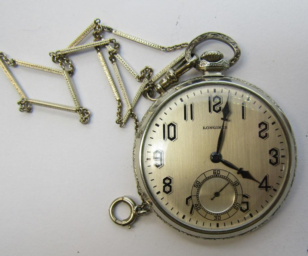 12 SIZE LONGINES OPEN FACE POCKET WATCH: 17 JEWEL, WHITE GOLD FILLED CASE & CHAIN - VERY NICE - WORKING CONDITION