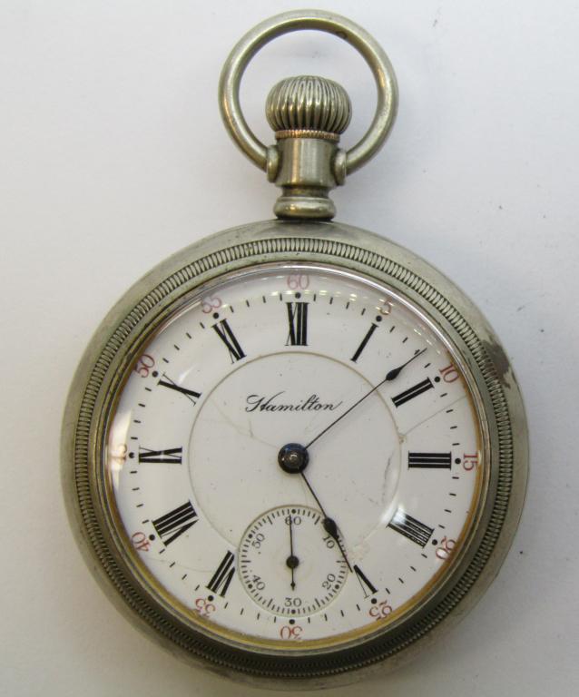 18 SIZE HAMILTON SWING OUT POCKET WATCH: 17 JEWEL, SOLID NICKEL SWING OUT CASE - WORKING CONDITION