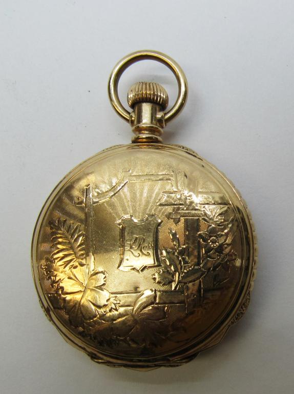 6 SIZE WALTHAM HUNTING CASE POCKET WATCH: 7 JEWEL, PERFECT MULTI-COLOR DIAL, FANCY ENGRAVED YELLOW GOLD FILLED HUNTING CASE w/SQUIRREL NICE - WORKING CONDITION