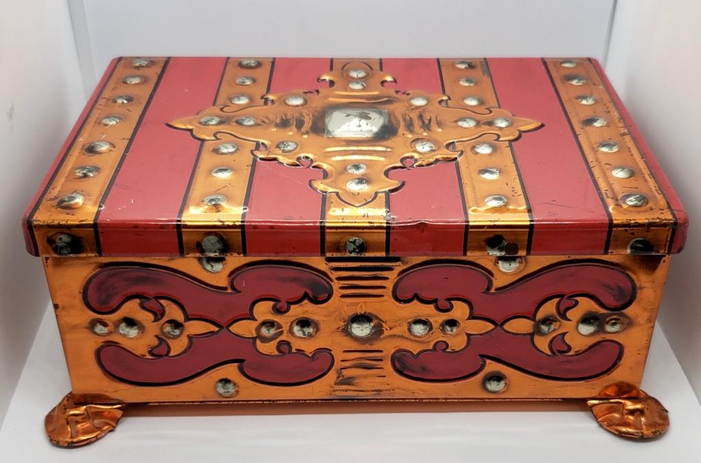 Frike & Nacke Tin Box Made in Western-Germany: HINDGES 6 3/4" X 4 1/2" X 2 3/4" TALL - PRETTY COLORS
