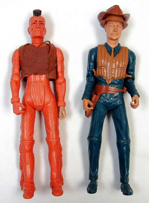 VTG LOUIS MARX&CO. ACTION FIGURES W/ ACCESSORIES!: INDIAN ACTION FIGURE WITH MOHAWK, CHEST GUARD AND VEST; 1966 JOHNNY WEST ACTION FIGURE WITH COWBOY HAT, GUN HOLSTER, VEST AND TIE!
