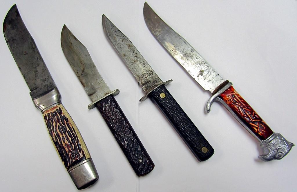 (4) VTG LARGE STRAIGHT KNIVES: EAGLE HEAD HANDLE, IMPERIAL COLONIAL STAG HANDLE, S.C.C.O. BONE HANDLE