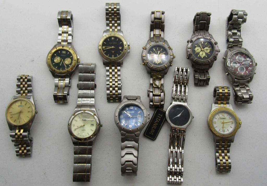 10 MENS QUARTZ WATCHES-TITANIUM-GUESS-MISC: ALL UNTESTED: SOME MAY WORK, SOME MAY NOT, SOME MAY NEED BATTERIES, SOME FOR PARTS OR REPAIRS- 10 MENS QUARTZ WATCHES-GITANO-B.U.M. EQUIPMENT-(2)TITANIUM-GUESS-SERGIO VALENTE-GUCCI-MOULIN-SHARP-SEIKO-