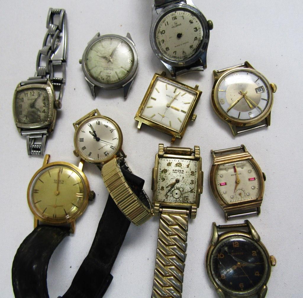 (10) Mens Wrist Watches: Pre Owned- Untested Various Brands such as Helbros, Gruen, Waltham, Benrus