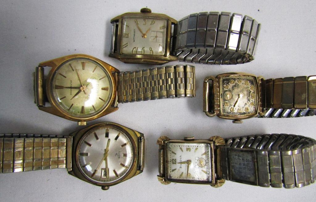 (5) Mens Wrist Watches: Pre Owned- Untested Various Brands such as Elgin, Bulova, Wittnauer.