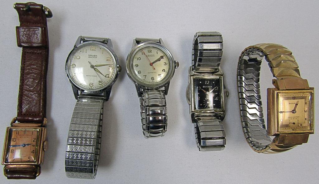 (5) Mens Wrist Watches: Pre Owned- Untested Various Brands such as Bulova, Benrus, Gruen, Elgin.