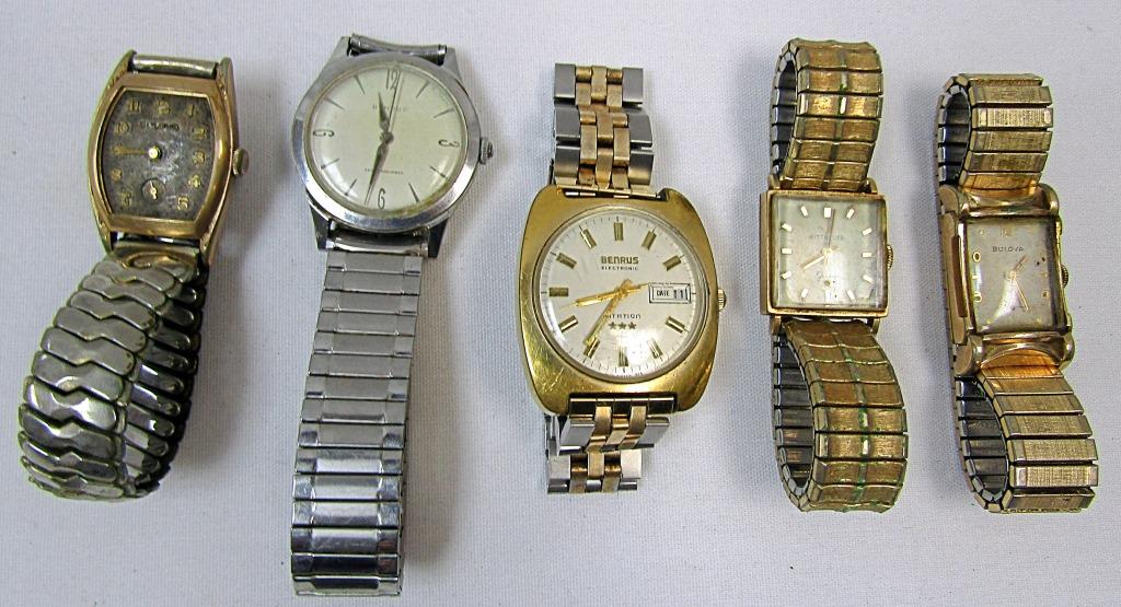 (5) Mens Wrist Watches: Pre Owned- Untested Various Brands such as Wittnauer, Bernus, Bulova.