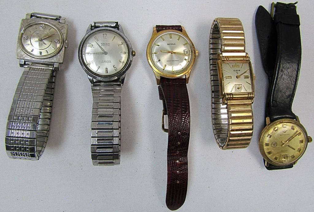 (5) Mens Wrist Watches: Pre Owned- Untested Various Brands such as Wittnauer, Bernus, Bulova, Elgin,Gruen.
