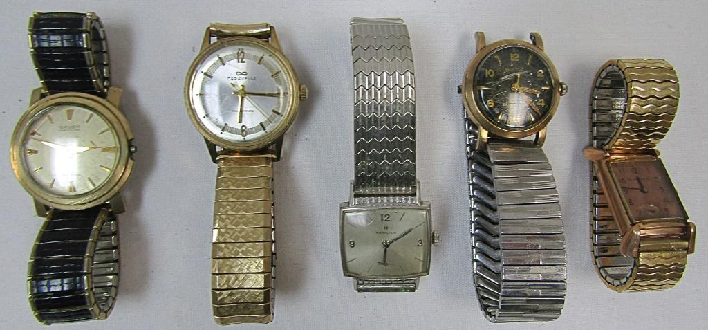 (5) Mens Wrist Watches: Pre Owned- Untested Various Brands such as Bulova, Caravelle, Gruen, Hamilton.