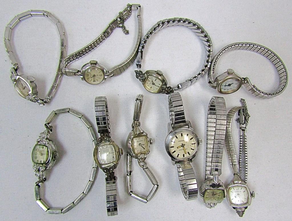 (10) Ladies Vintage Wrist Watches: Pre Owned-Untested Various Brands such as Elgin, Caravelle, Gruen, Burlova.
