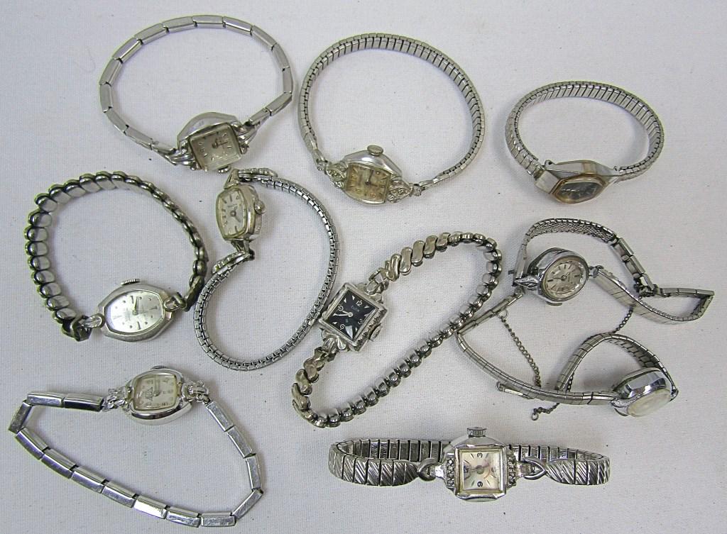 (10) Ladies Vintage Wrist Watches: Pre Owned-Untested Various Brands such as Longine, Elgin, Bernus, Waltham.