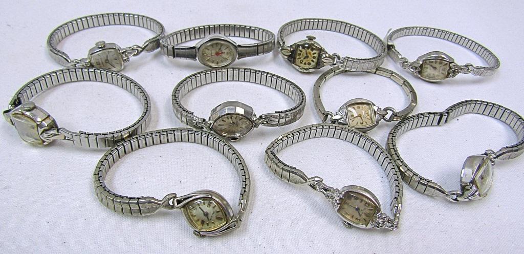 (10) Ladies Vintage Wrist Watches: Pre Owned- Untested Various Brands such as Burlova, Elgin, Gruen, Bernus and others.