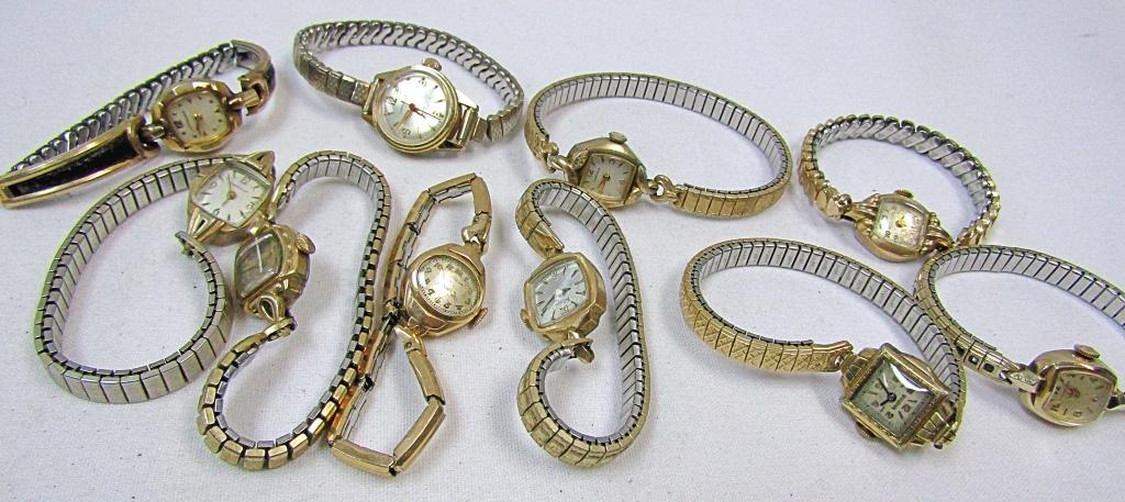 (10) Ladies Vintage Wrist Watches: Pre Owned- Untested Various Brands such as Longines, Burlova, Wittnauer, Caravelle.