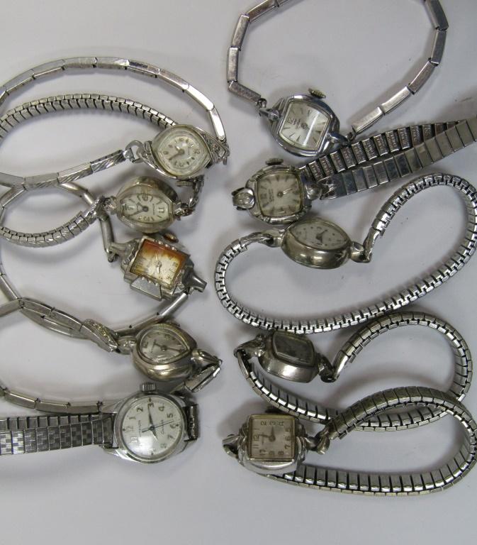 (10) Ladies Vintage Wrist Watches: Pre Owned- Untested Various Brands such as Wittnauer, Hamilton, Waltham and others.