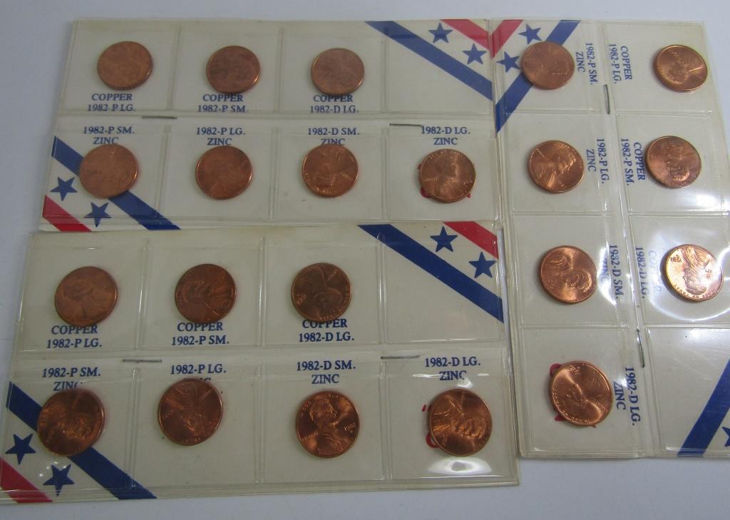 (3) 1982 Lincoln Cent 7 Coin Variety Set;: BU; in Plastic Sleeve with Descrip. Card