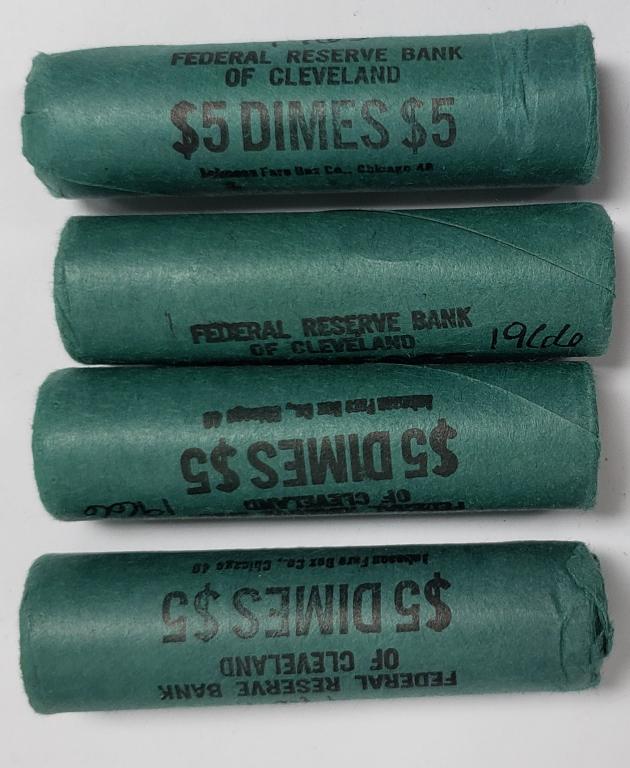 1965, (2) 1966, 1967 BANK WRAPPED DIME ROLLS: ROOSEVELT BU ORIGINAL DIME ROLLS