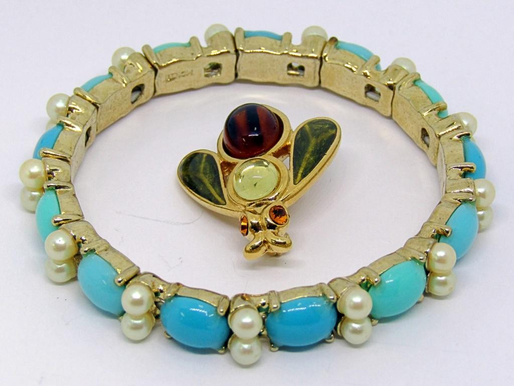 2 MONET JEWELRY PIECES - BUMBLE BEE & BRACELET: STRETCH BRACELET w/TEAL / BLUE