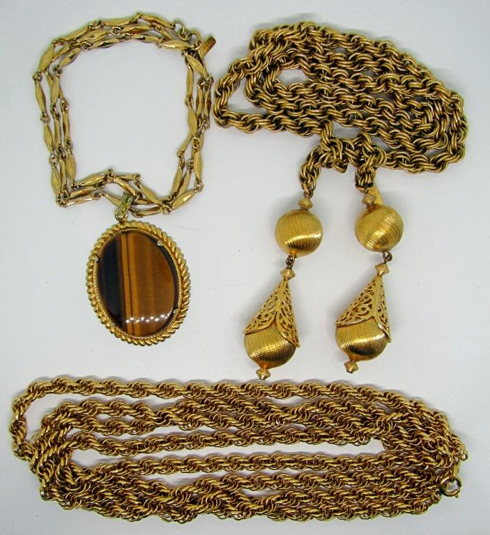 3 MONET VINTAGE GOLD TONED NECKLACES: (1) 54" LONG, (1) 30" LARIAT, (1) 28" w/TIGER STRIP PENDANT