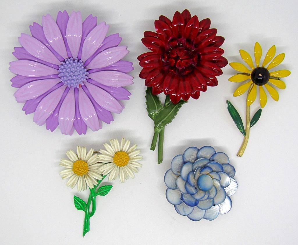 5 VINTAGE FLOWER BROOCHES/PINS!: ROSE, DAISY, SUNFLOWER, AND OTHERS!