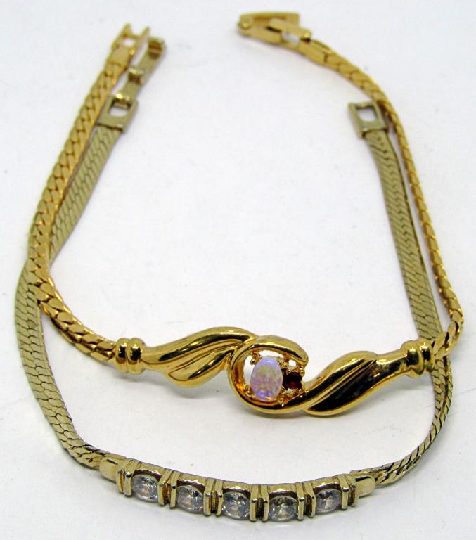 2 GOLD TONED VINTAGE BRACELETS!: WHITE RHINESTONES & OPALESCENT BEAD!