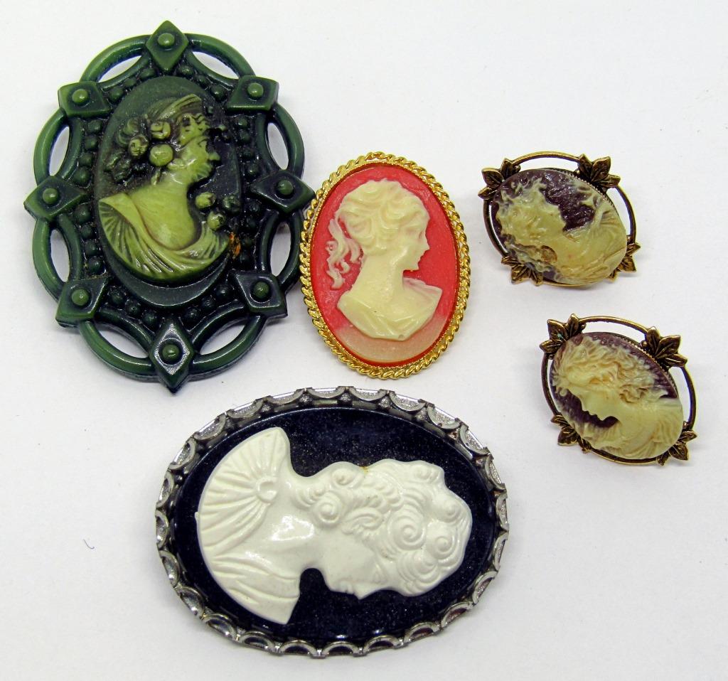 3 VTG CAMEO PINS; PAIR OF CAMEO EARRINGS! (1 of 2)