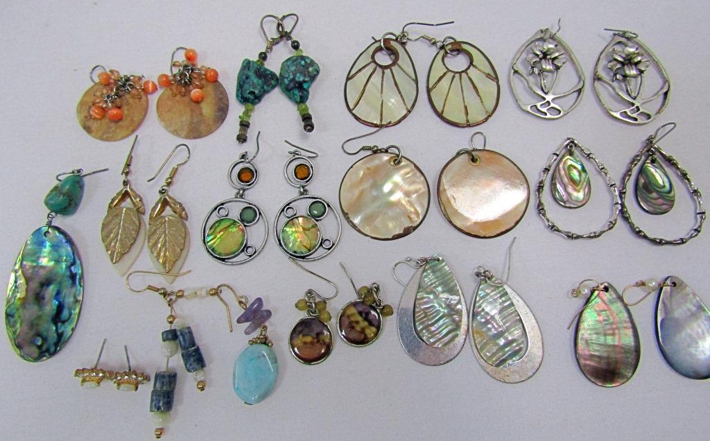 (14) Modern To Retro Pierced Earrings Lot: Complete pairs, Pre-Owned, Abalone lot.