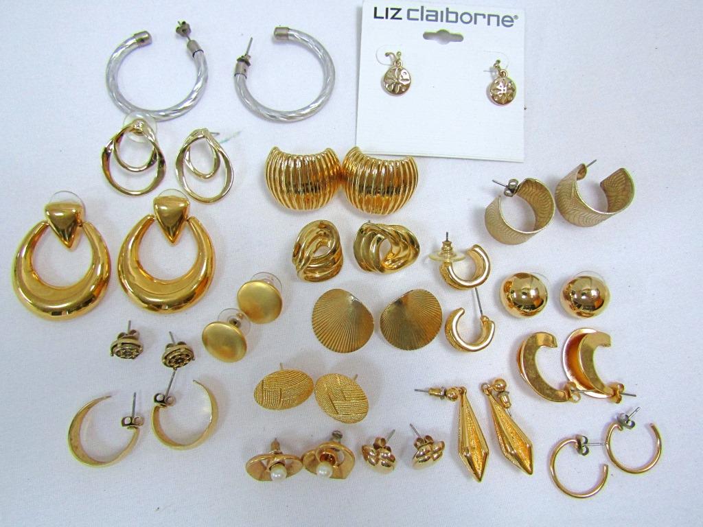 (19) Modern To Retro Pierced Earring Lot: Complete pairs, Nice condition, Gold lot variety of brands such as Monet, Liz Claiborne and others