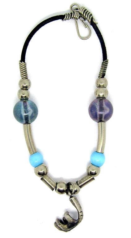 STERLING BLACK ROPE BRACELET WITH STERLING: BEADS-BLUE BEAD ACCENTS-HAND CHARM-TOTAL 8.8 DWT
