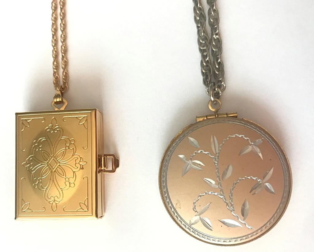 2 GOLD TONE LOCKET NECKLACES: ENGRAVED DESIGNS
