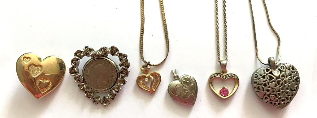 HEART LOT OF 6: 4 NECKLACES, 1 PENDANT & 1 BROOCH