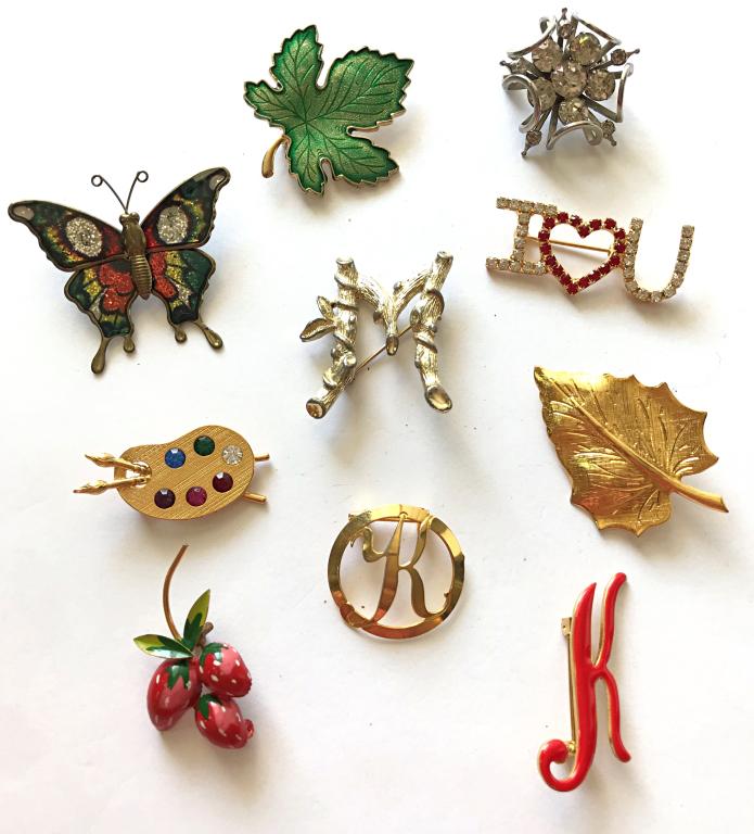 10 BROOCHES -- BUTTERFLY, "K", "M" (1 of 2)
