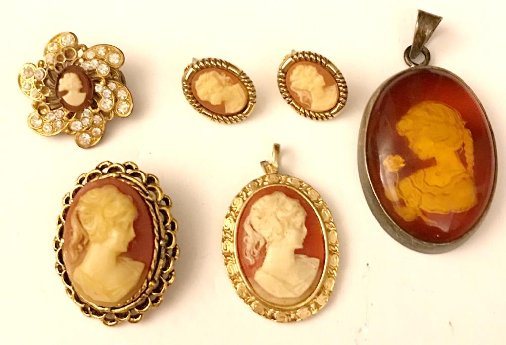 5 PC CAMEO LOT BROOCH, EARRINGS, PENDANTS (1 of 4)