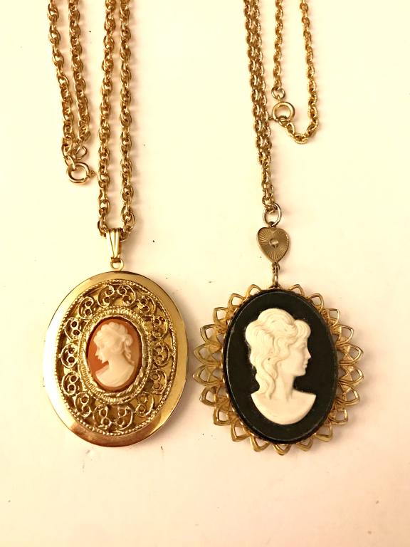 2 CAMEO NECKLACES (1 IS A LOCKET): BEAUTIFUL.. BID NOW!