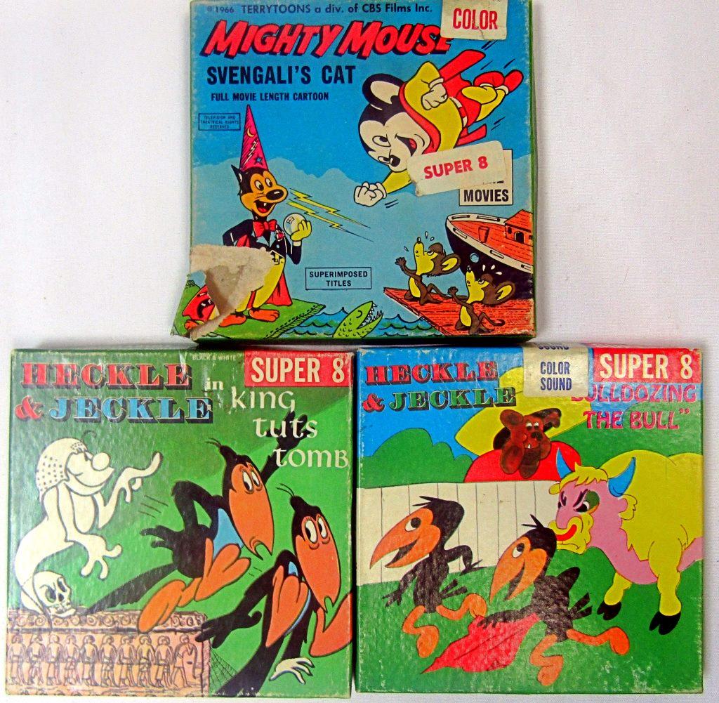 3 VINTAGE 8 MM FILMS! MIGHTY MOUSE SVENGALI'S CAT;: HECKLE & JECKLE "BULLDOZING THE BULL" COLOR SOUND 307; HECKLE & JECKLE IN KING TUTS TOMB 304! ALL IN ORIGINAL BOXES!