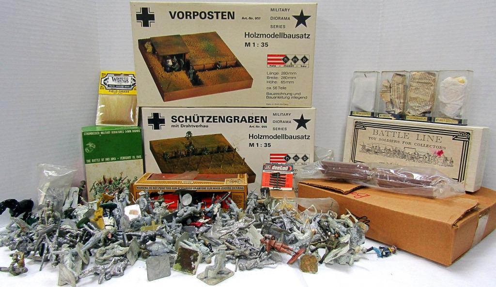 LOT OF MINIATURES! WAR FIGURINES, DIORAMAS & MORE!: STROMBECKER MILITARY MINIATURES 54MM ROUNDS; VORPOSTEN SRT NR. 951 MILITARY DIORAMA HOLZMODELLBAUSATZ M 1: 35; AND SO MUCH MORE!!