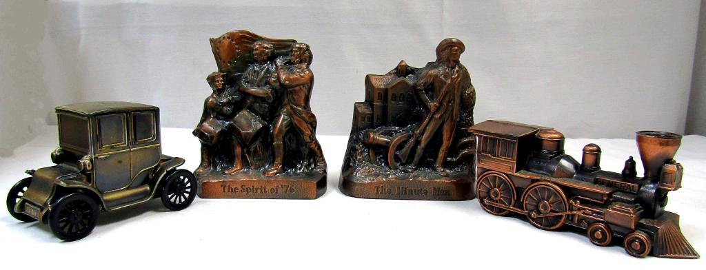 (4) 1974 BANTHRICO INC, CHICAGO USA COIN BANKS!: VINTAGE STILL BANKS! GENERAL TRAIN, THE MINUTE MAN SHAKER SAVINGS, THE SPIRIT OF '76 SHAKER SAVINGS, BAKER ELECTRIC 1910! COPPER TONED METAL BANKS!