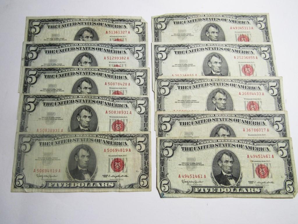(10) 1963 $5 RED SEAL U.S. NOTES (1 of 2)