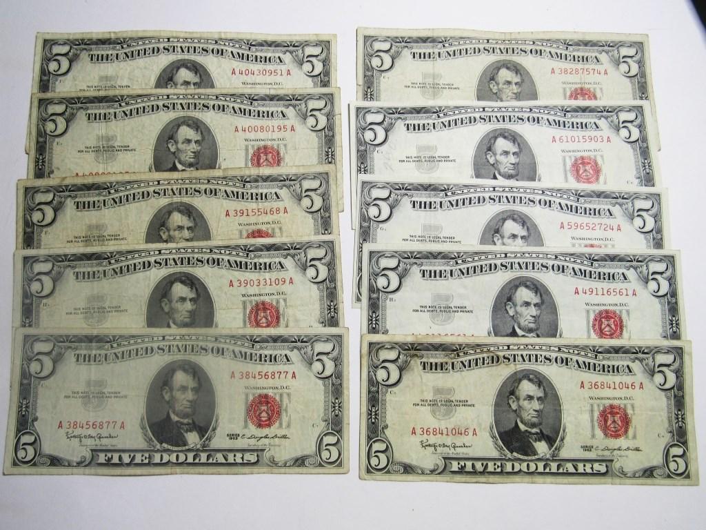 (10) 1963 $5 RED SEAL U.S. NOTES (1 of 2)