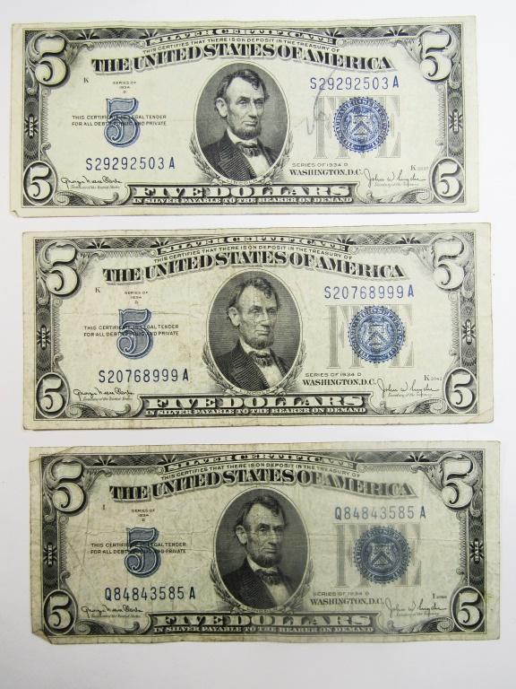 (3) 1934 $5 SILVER CERTIFICATES (1 of 2)