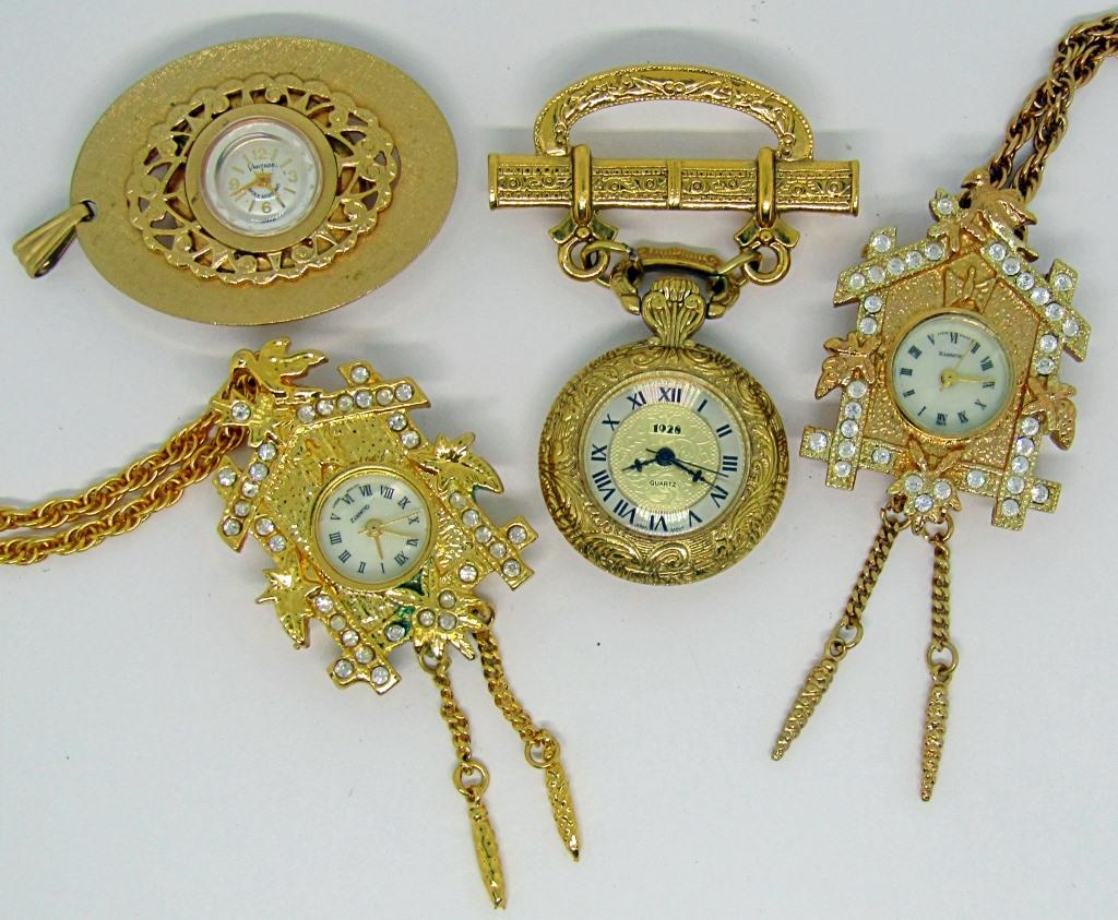 4 PENDANT POCKET WATCHES; JAPAN MOVT!: 2 W LIND QUARTZ, VANTAGE SHOCK RESISTANT, 1928 QUARTZ; ALL UNTESTED! 2 HAVE NECKLACE CHAINS, 1 HAS PIN ATTACHED!