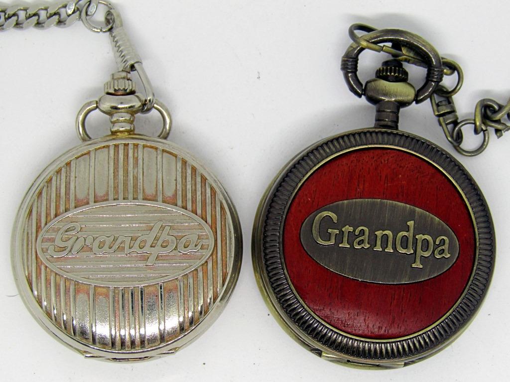 2 "GRANDPA" JAPAN MOVT POCKET WATCHES!: UNTESTED; 1 HAS A "WOODEN" CASE, THE OTHER HAS A SILVER TONED CASE!