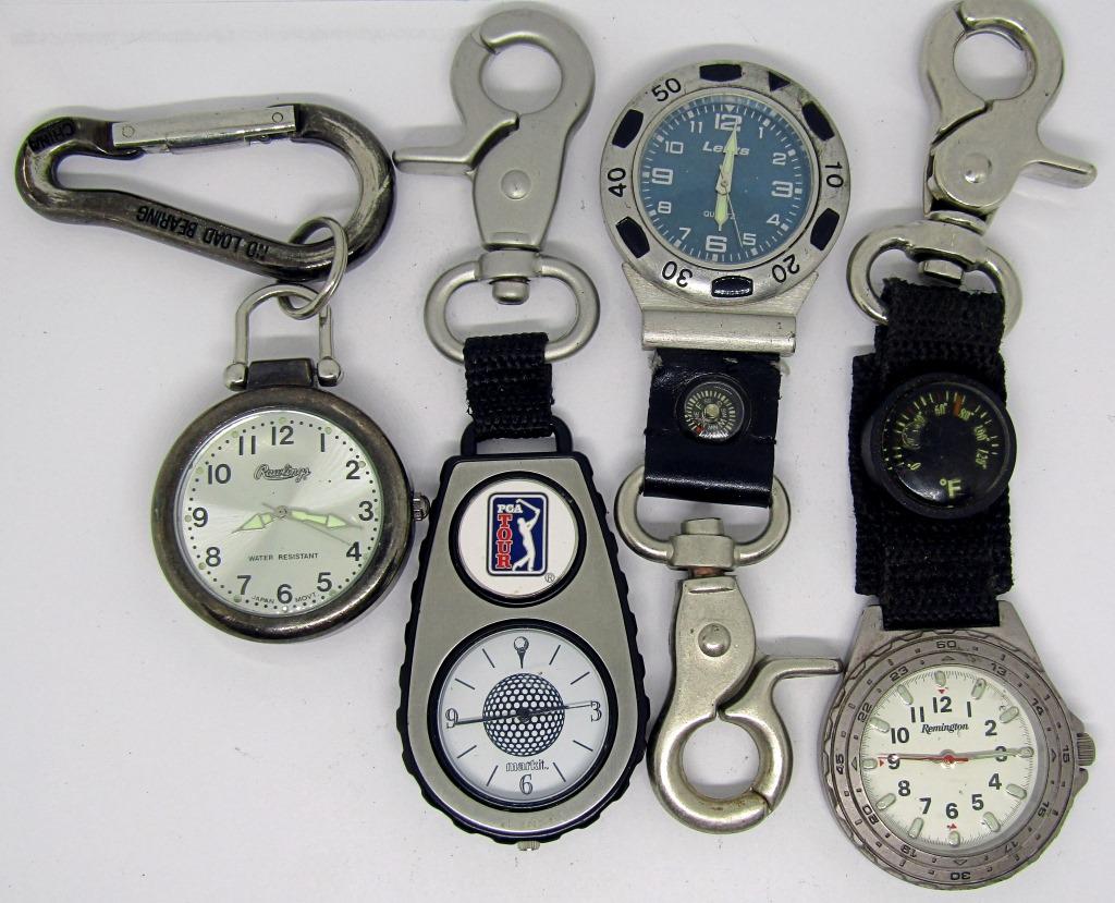 4 POCKET WATCHES WITH BELT CLIP!: PGA TOUR MARKIT JAPAN MOVT, LEVI'S STAINLESS STEEL JAPAN MOVT, REMINGTON JAPAN MOVT, RAWLINGS WATER RESISTANT JAPAN MOVT; UNTESTED!
