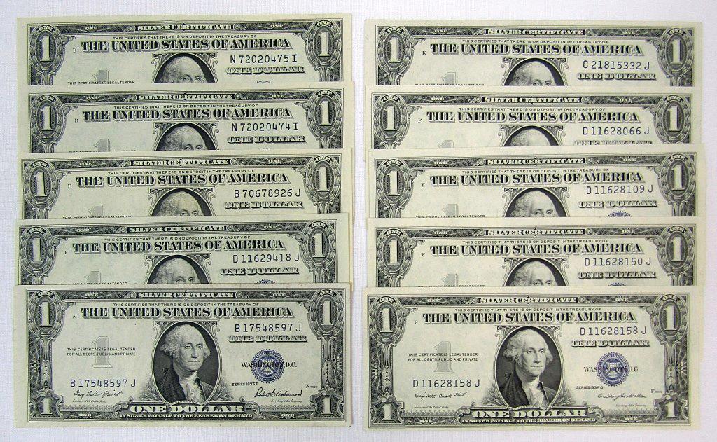 (10) 1934 $1 SILVER CERTIFICATES CU/AU (1 of 2)